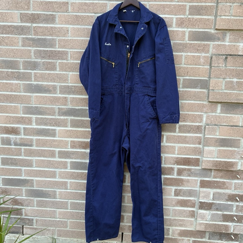 Vintage Dickies Coveralls Mens 44 Blue Mechanic Jumpsuit Talon Zip Workwear USA